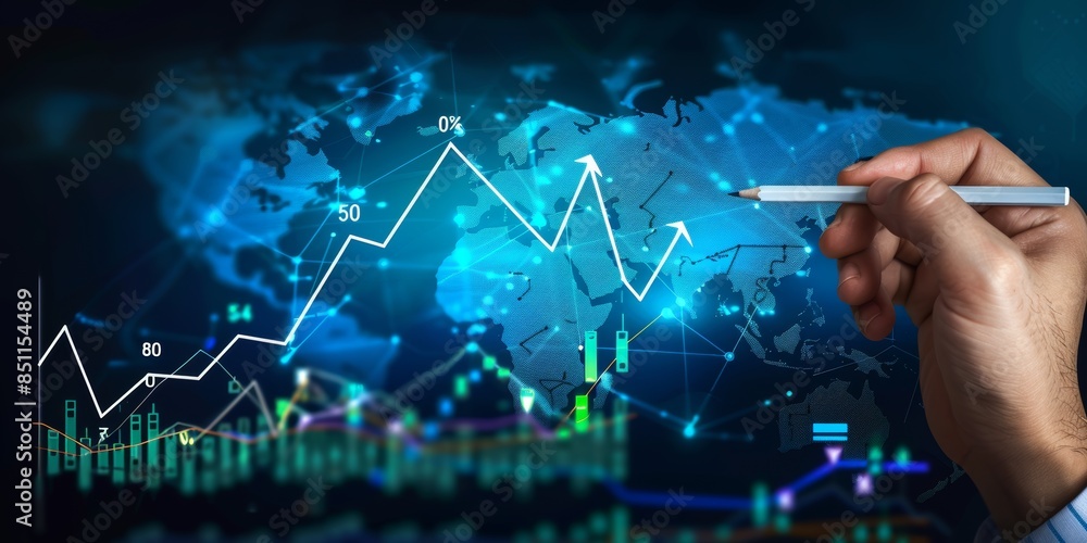 A hand drawing an upward arrow on the background of digital world map, financial growth chart with blue arrows going up and green bar graph rising A hand drawing an upward arrow on the background of digital world map, financial growth chart with blue arrows going up and green bar graph rising