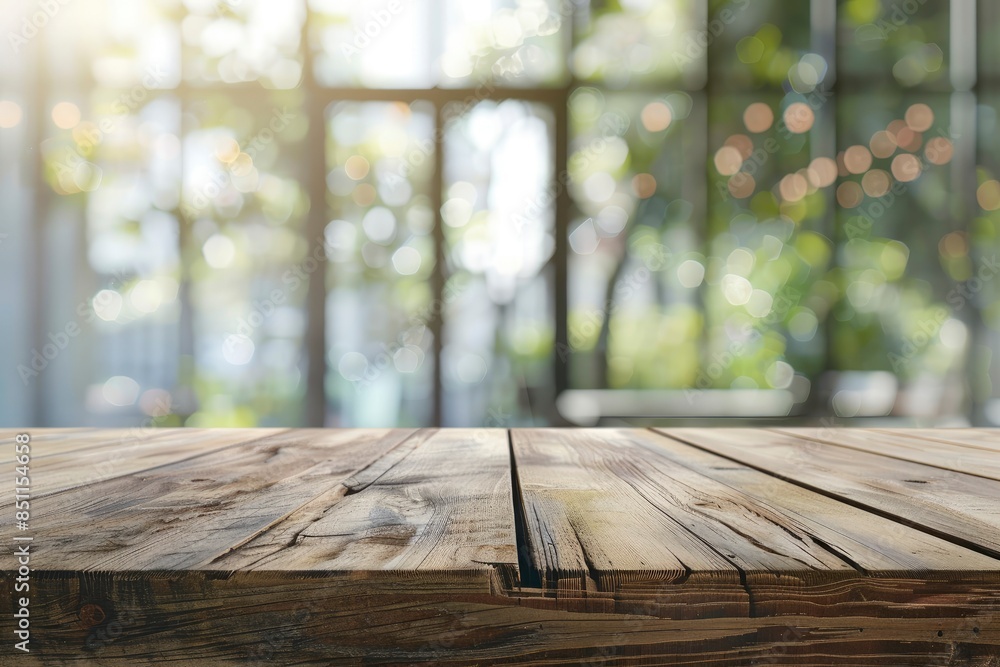 Wood table top on with blur glass window wall background - generative ai Wood table top on with blur glass window wall background - generative ai