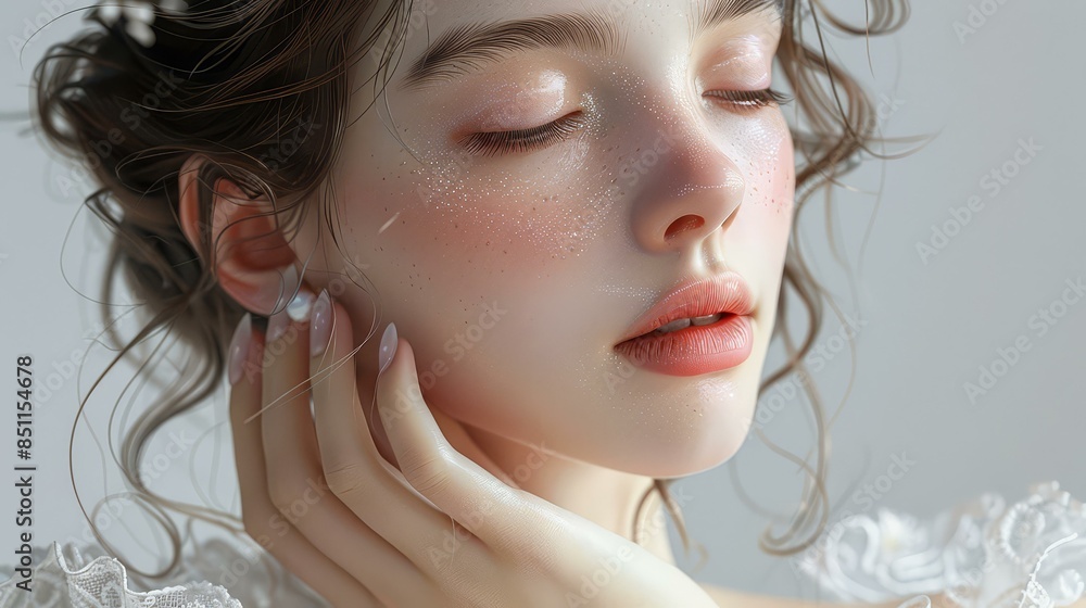 A detailed and highquality illustration of an elegant woman emphasizing her graceful hands and delicate skin textures. A detailed and highquality illustration of an elegant woman emphasizing her graceful hands and delicate skin textures.