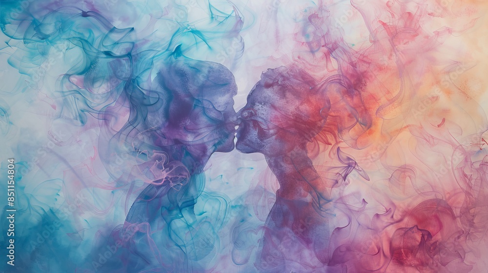 Concept of two people in love becoming one, watercolor painting style, delicate and fluid colors, serene and intimate moment Concept of two people in love becoming one, watercolor painting style, delicate and fluid colors, serene and intimate moment