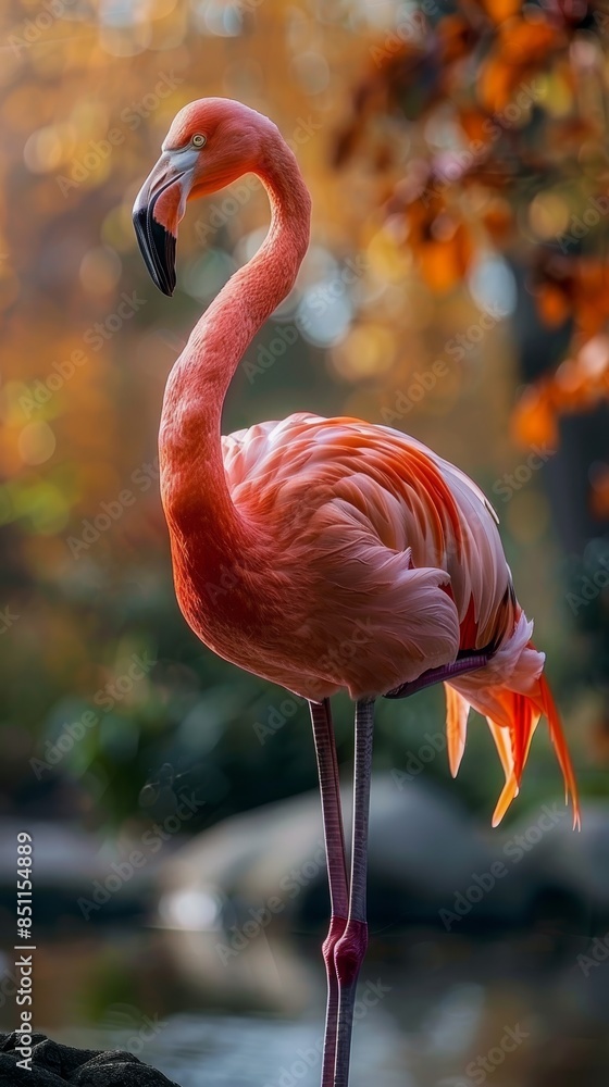 Obraz premium Cute pink flamingo, standing full body view, light and simple background, elegant details, charming and vibrant
