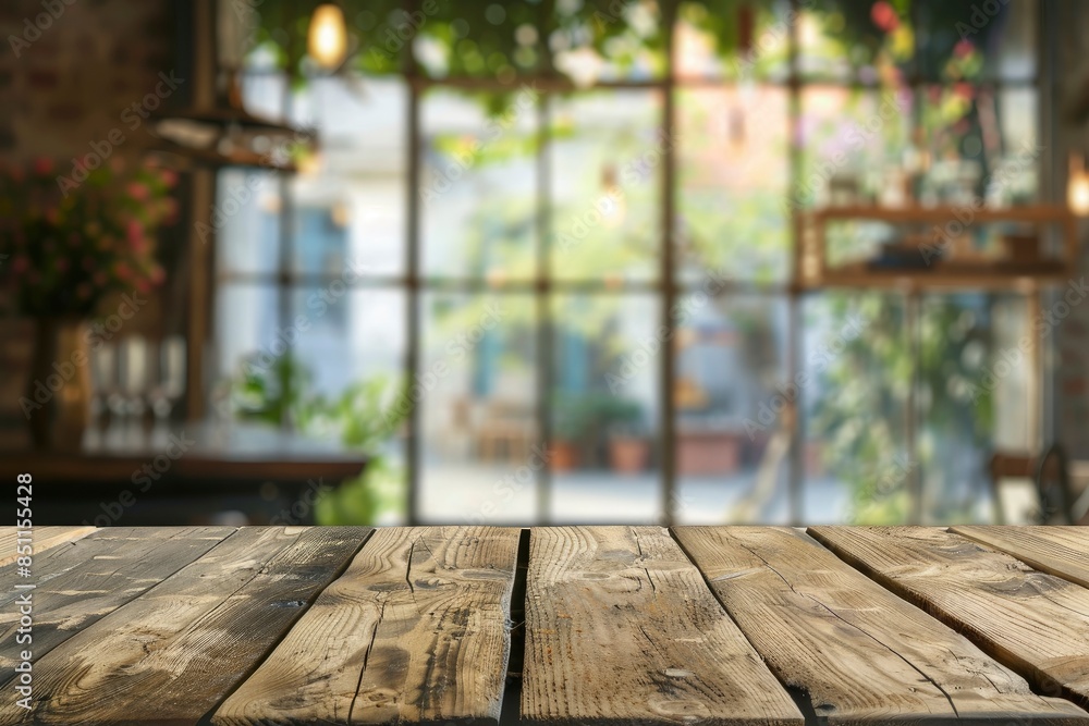 Wood table top on with blur glass window wall background - generative ai Wood table top on with blur glass window wall background - generative ai