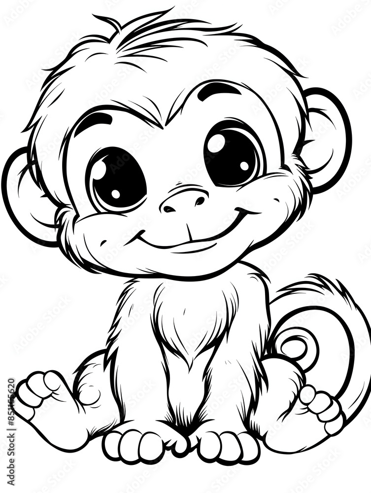 Cute baby monkey coloring page, simple line art style, white background, Cute baby monkey coloring page, simple line art style, white background,