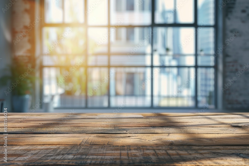Wood table top on with blur glass window wall background - generative ai Wood table top on with blur glass window wall background - generative ai
