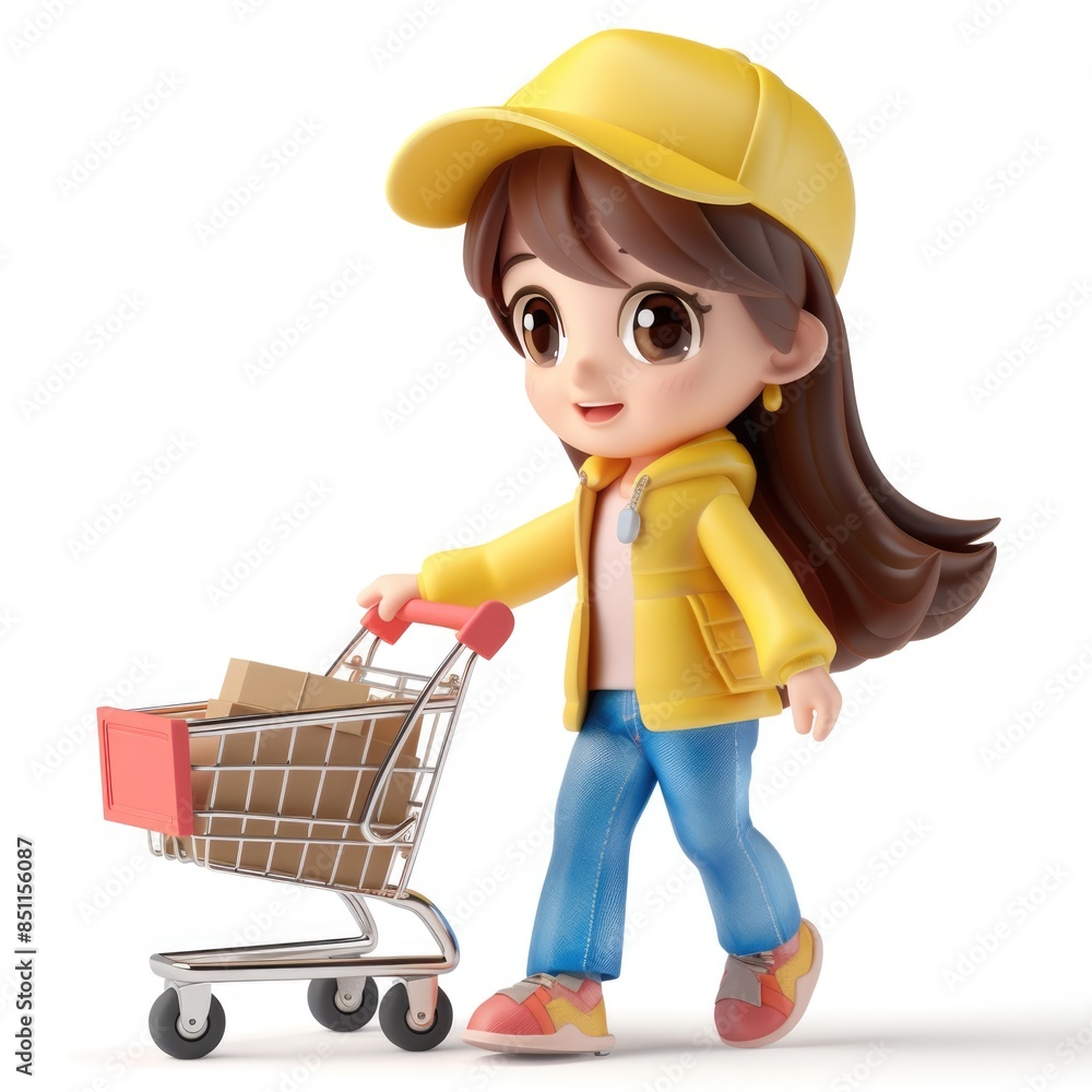 Cute 3D woman pushing a shopping cart, against a white backdrop Cute 3D woman pushing a shopping cart, against a white backdrop