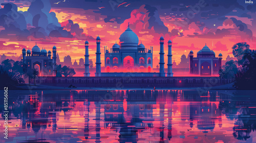 Indian architecture, cityscape in the night, in the style of graphic design-inspired illustrations, travel poster photo