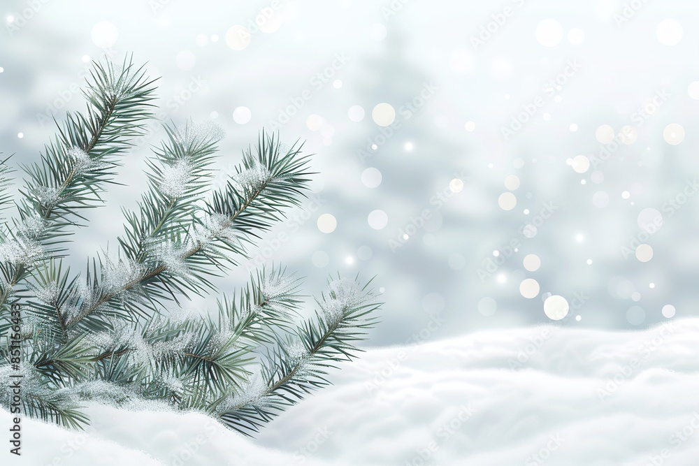 A pine tree with snow on it is the main focus of the image