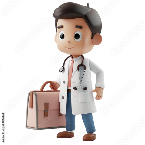 Endearing 3D doctor character with a medical bag on a clean white background