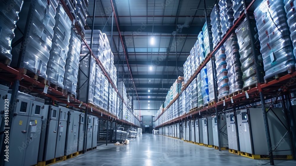 A cold storage warehouse features rows of shelves with neatly stacked goods, cooled by powerful freezers.