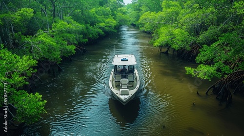 Wallpaper Mural A white boat cruises through a narrow river lined by dense mangrove trees, creating a picturesque scene of nature and leisure. Torontodigital.ca