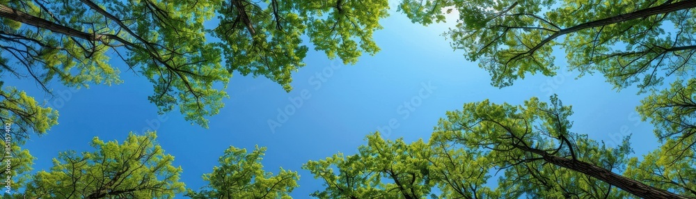 Obraz premium Looking Up at a Canopy of Green Trees Against a Blue Sky