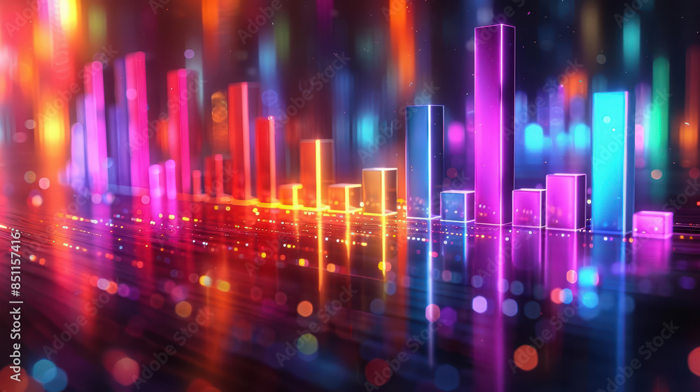 Vibrant 3D bar chart with neon colors representing statistical data visualization on a reflective surface, perfect for business and analytics presentations Vibrant 3D bar chart with neon colors representing statistical data visualization on a reflective surface, perfect for business and analytics presentations