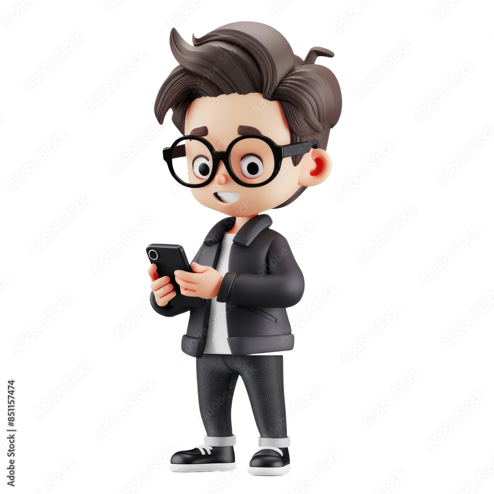 Endearing 3D character holding and using a smartphone on a clean white background Endearing 3D character holding and using a smartphone on a clean white background