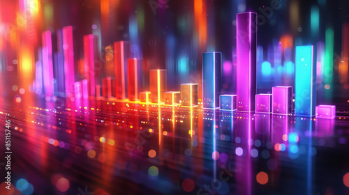 Vibrant 3D bar chart with neon colors representing statistical data visualization on a reflective surface, perfect for business and analytics presentations
