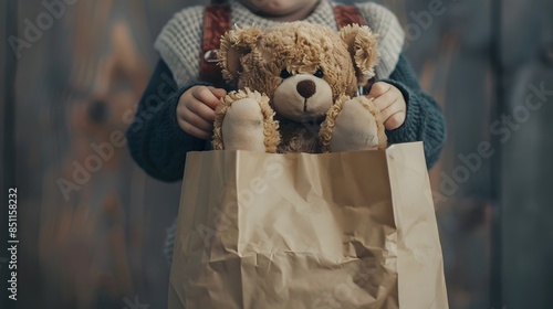 Child holding teddy bear in paper carrier bag
 photo