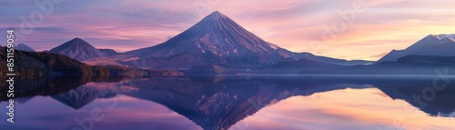 A mountain range is reflected in the water