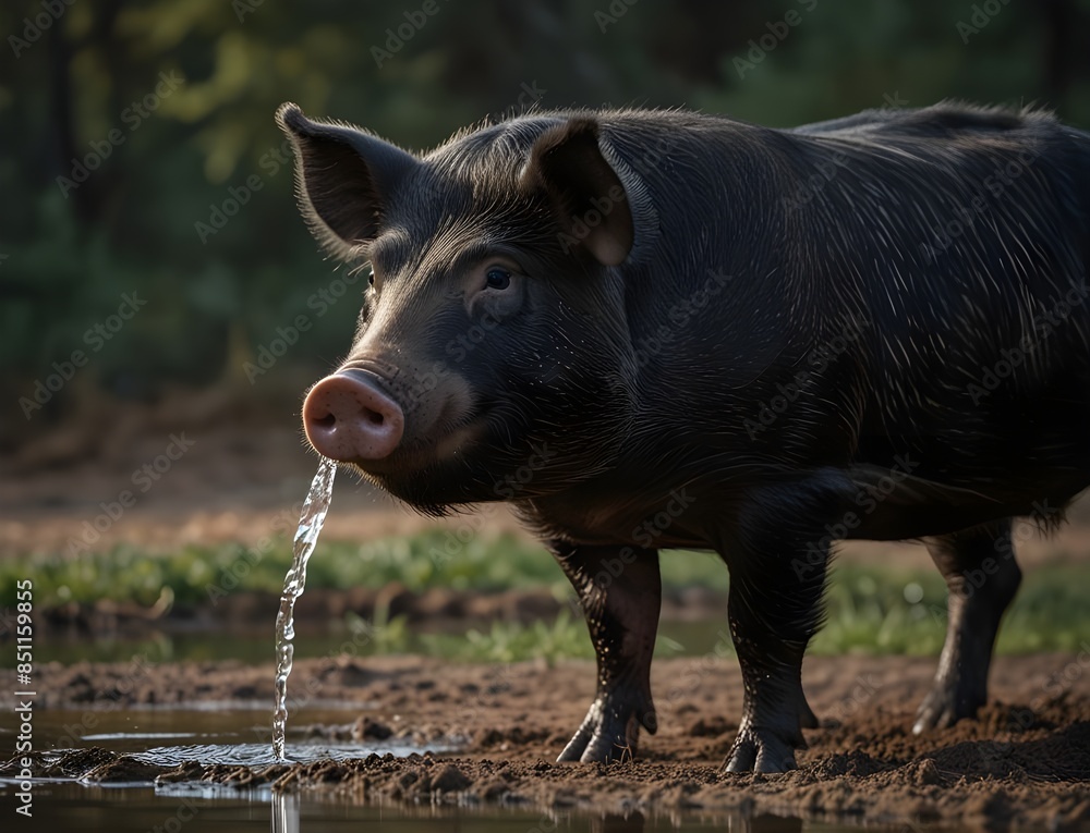 Pregnant black pig standing and drinking water. Pregnant black pig standing and drinking water.