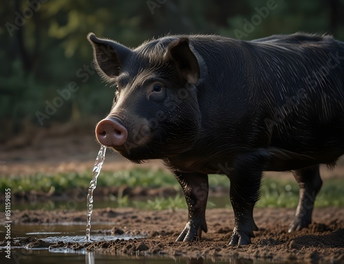 Pregnant black pig standing and drinking water.