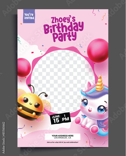 Birthday invitation card vector template design. Birthday party card with empty space for celebrant picture, cute bee and unicorn characters element for kids invitation template. Vector illustration 