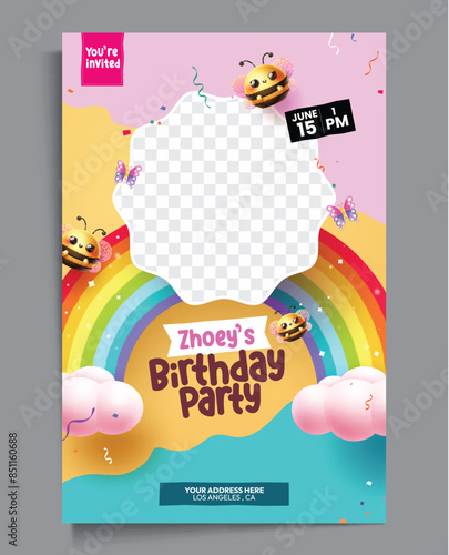 Birthday party invitation card vector template. Happy birthday greeting text with colorful rainbow decoration and cute bee elements for kids invitation card design. Vector illustration birthday card 