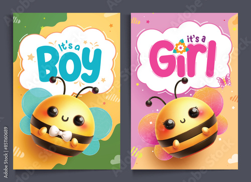 Baby shower invitation card vector poser set. Boy or girl gender reveal card template with handsome and lovely bee characters for surprise baby shower celebration design. Vector illustration boy 