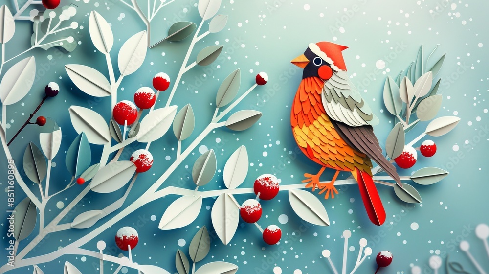 Festive paper cutout of a winter bird on a branch with berries,paper cutout style Festive paper cutout of a winter bird on a branch with berries,paper cutout style
