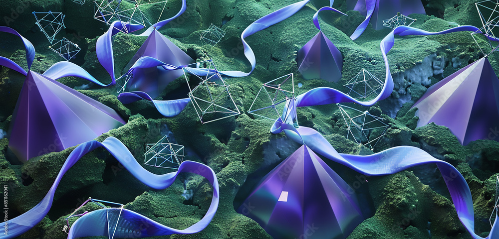 Obraz premium 3D background with lavender pyramids and blue ribbons on moss-green gradient.