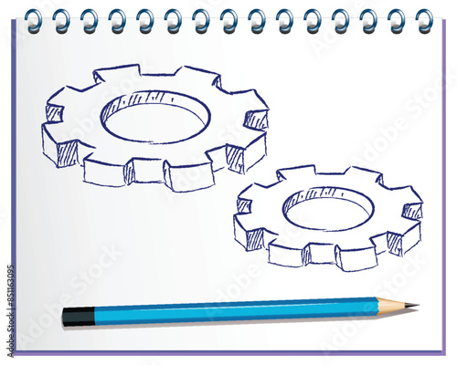 Hand-drawn gears with a pencil