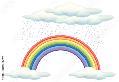 Colorful rainbow with clouds and rain