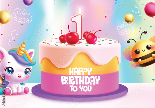 Birthday cake vector design. Happy birthday greeting text in colorful cake elements with cute unicorn and bee characters for kids invitation card background. Vector illustration birthday greeting card