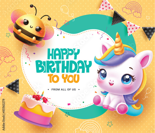 Happy birthday invitation vector template design. Birthday greeting text with cute bee, lovely unicorn and cake decoration elements for party invitation card design. Vector illustration birthday card 