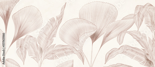 Botanical art background with hand drawn tropical plant leaves in line style. Vector banner for decor, print, wallpaper, poster, packaging, textile, interior design.