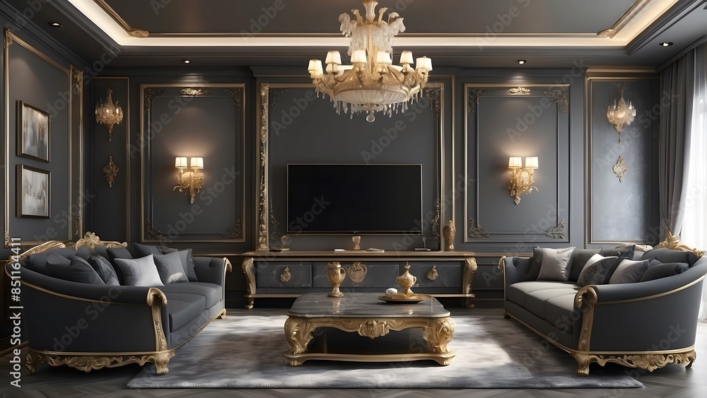 Royal luxury living room interior design with TV, charcoal and white ...