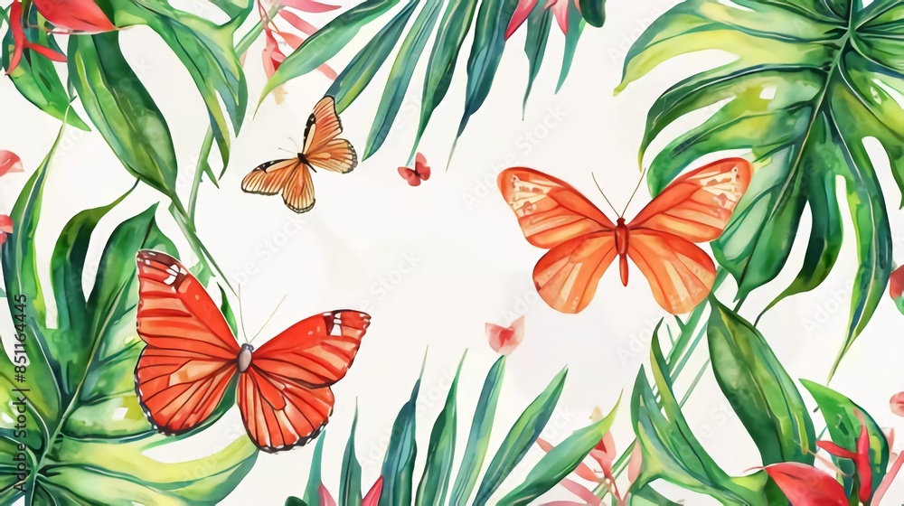 Seamless pattern with palm leaves and butterflies watercolor illustration print for fabric, textile, wallpaper which is very beautiful and amazing
Seamless pattern with palm leaves and butterflies watercolor illustration print for fabric, textile, wallpaper which is very beautiful and amazing