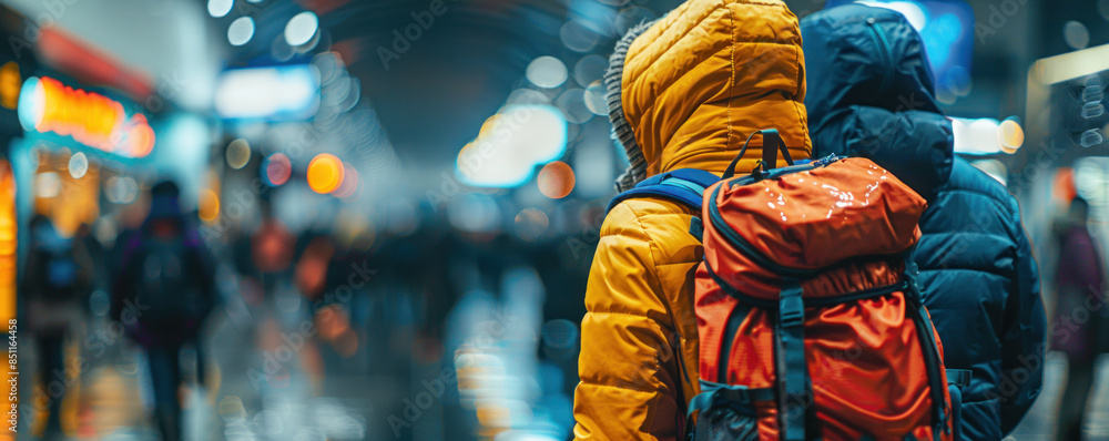 A couple of people are walking down a street with a backpack and a yellow jacket. The scene is blurry and has a sense of movement