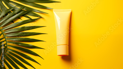 Yellow Tube of Sunscreen with Palm Leaf on Yellow Background
