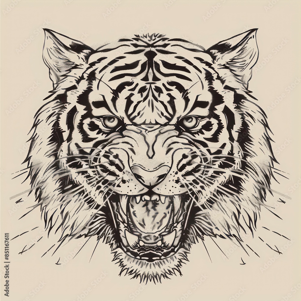 A bold and detailed design of a tiger's face, reflecting the strength and wild beauty of this majestic mammal in its natural habitat A bold and detailed design of a tiger's face, reflecting the strength and wild beauty of this majestic mammal in its natural habitat