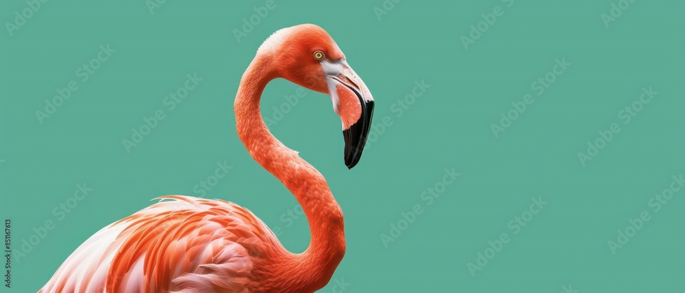 Obraz premium A pink flamingo with an elegant neck and striking beak, standing in water, showcasing its beauty and grace in a tropical wildlife setting