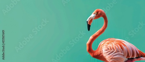 A pink flamingo with an elegant neck and striking beak, standing in water, showcasing its beauty and grace in a tropical wildlife setting