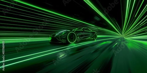 Futuristic electric sports car driving with high speed graphic speed lines through a tunnel in glowing green neon on dark background.. In Iron Style. Generative AI