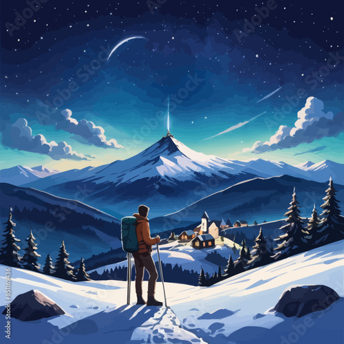 Explorer's Nighttime Ascent: A Journey Through a Starlit Mountainous Landscape