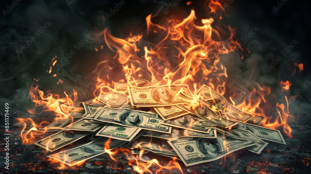 Pile of Hundred Dollar Bills Engulfed in Flames on a Dark Backgr Pile of Hundred Dollar Bills Engulfed in Flames on a Dark Backgr
