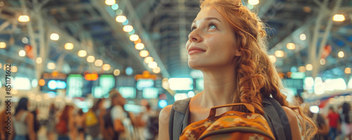 A woman with red hair is smiling and looking up at the ceiling in a busy airport. She is carrying a backpack and a handbag