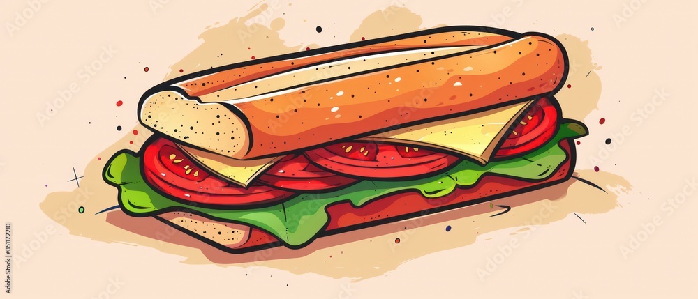 illustration of a sandwich or burger with lettuce, tomato, cheese, and meat, ideal for food-related designs and visuals illustration of a sandwich or burger with lettuce, tomato, cheese, and meat, ideal for food-related designs and visuals
