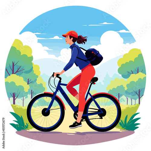 Vibrant Cyclist in a Park Setting, Illustrated with a Colorful Palette and a Circular Frame