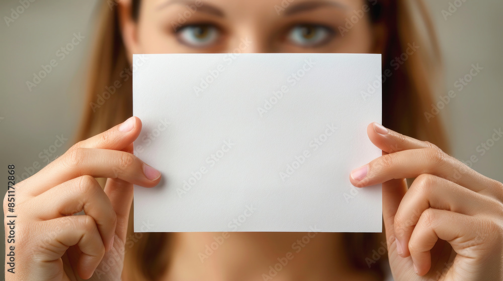 A woman is holding a blank piece of paper in her hand. Concept of emptiness or potential, as the paper is blank and waiting to be filled with words or ideas. The woman's gaze A woman is holding a blank piece of paper in her hand. Concept of emptiness or potential, as the paper is blank and waiting to be filled with words or ideas. The woman's gaze