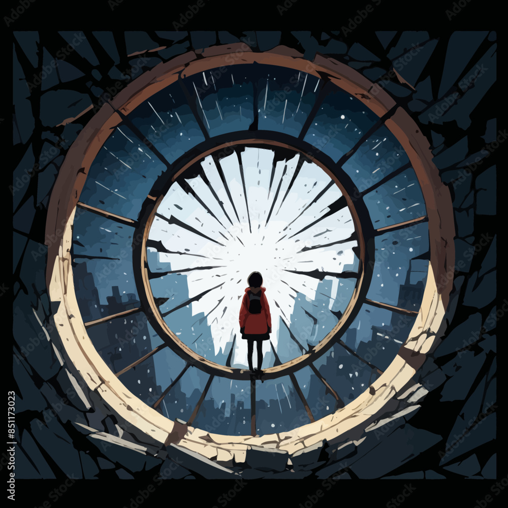 A Lone Figure in a Shattered Cityscape, Gazing into the Abyss of a Broken Clock Tower A Lone Figure in a Shattered Cityscape, Gazing into the Abyss of a Broken Clock Tower