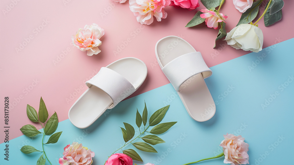 Photo of a pair of white sandals on a pastel background Photo of a pair of white sandals on a pastel background