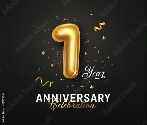 Anniversary one year vector background design. One year anniversary celebration greeting with number 1 gold balloon and confetti elements for invitation card elegant design. Vector illustration 