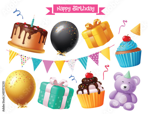 Birthday elements vector set design. Happy birthday greeting text with cake, balloons, gifts, cup cake and teddy bear objects and party elements. Vector illustration birthday elements design. 
